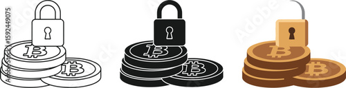 Three versions of Bitcoin security are displayed, showcasing a padlock atop a stack of digital coins, symbolizing cryptocurrency protection and blockchain technology in various styles.