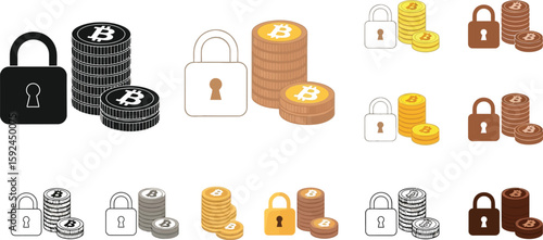 Illustrations showcase Bitcoin security with padlocks and coin stacks, emphasizing digital currency protection and financial safety in a clean, modern design.