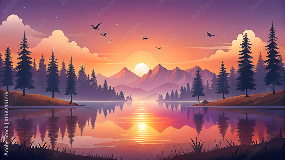 Fototapeta premium Capturing nature's beautiful landscape, the serene morning sun rises over the lake, its golden reflection mirroring the forest trees and clouds, while the evening sky settles on the mountain