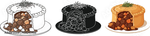 Three versions of a savory meat pie illustration showcase a delicious dish with beef and vegetables, perfect for culinary projects, recipe books, or food-related designs.