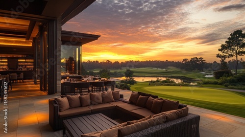 Luxurious Golf Course Sunset: Outdoor Lounge, Dramatic Sky, Serene Landscape.