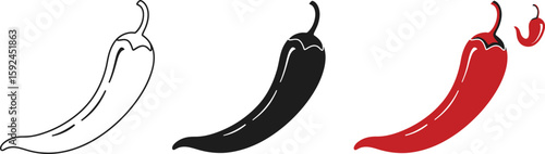 Three stylized chili peppers are presented in a row, showcasing a progression from a simple outline to a solid black silhouette and finally a vibrant red illustration.