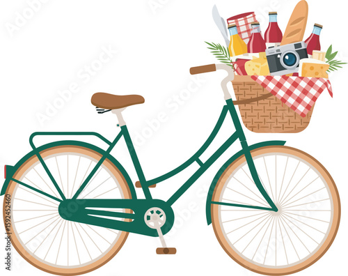 A bicycle with a basket full of picnic items like food, drinks, and a camera.