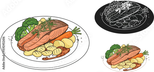 Delicious salmon fillet illustration served with gnocchi, broccoli, and carrot on a plate, showcasing a healthy and balanced meal option for culinary projects.