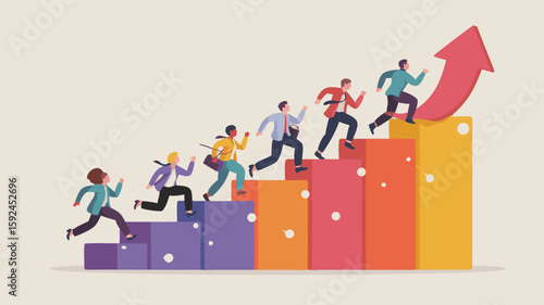 Vector Business Growth SVG Icon Set with People Climbing Bar Chart and Upward Arrow in Flat Geometric Style