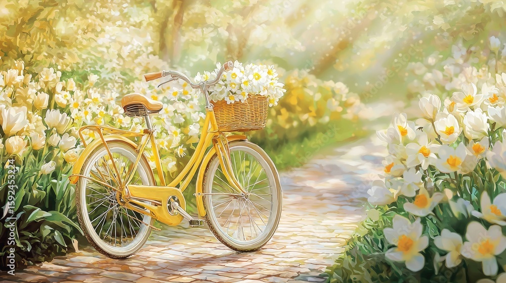 Fototapeta premium Yellow bicycle with flowers in a spring garden.