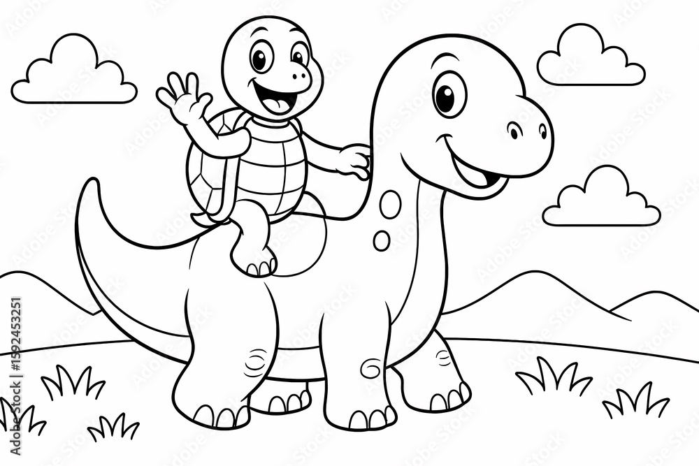 Fototapeta premium Funny tortoise riding on a friendly dinosaur, smiling and waving in a cheerful outdoor scene. A perfect playful coloring page for kids who love animals and adventure