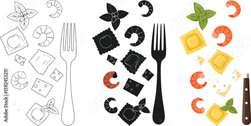 Delicious ravioli pasta with shrimp and basil, presented in three styles including line art, silhouette, and full color, showcasing culinary creativity and design versatility.