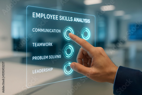 Employee skills analysis illustrated with hand interacting with digital interface highlighting key soft skills