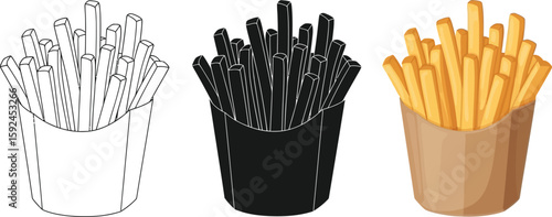 Three styles of French fries are showcased, including a line art version, a solid black silhouette, and a fully colored illustration, perfect for menus or culinary designs.