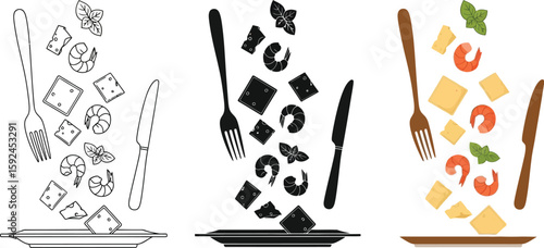 Delicious food ingredients like shrimp, cheese, and basil leaves are falling onto a plate, accompanied by a fork and knife, creating a vibrant and appetizing culinary scene.