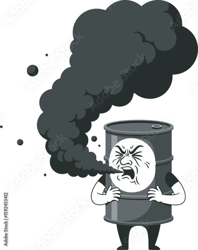 A cartoon oil barrel, emitting dark smoke, expresses anger and pollution.