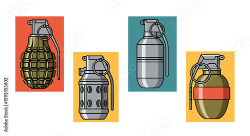 Collection of four distinct hand grenades, showcasing different designs and historical military weapon styles against a clean white background.