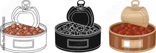 Three stylized cans of diced beef offer a versatile visual for culinary projects, showcasing food preservation and preparation in a clean, modern design suitable for various applications.