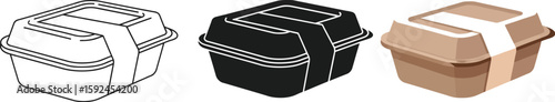 Three takeaway containers showcase packaging options, including a line art version, a solid black silhouette, and a realistic brown container with a paper band, ideal for food delivery.