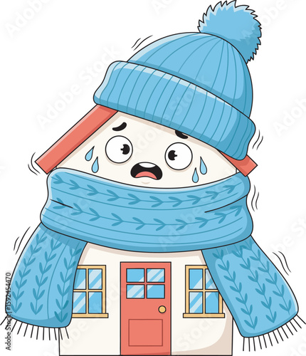 A cartoon house character wearing a winter hat and scarf, expressing fear or discomfort from the cold.
