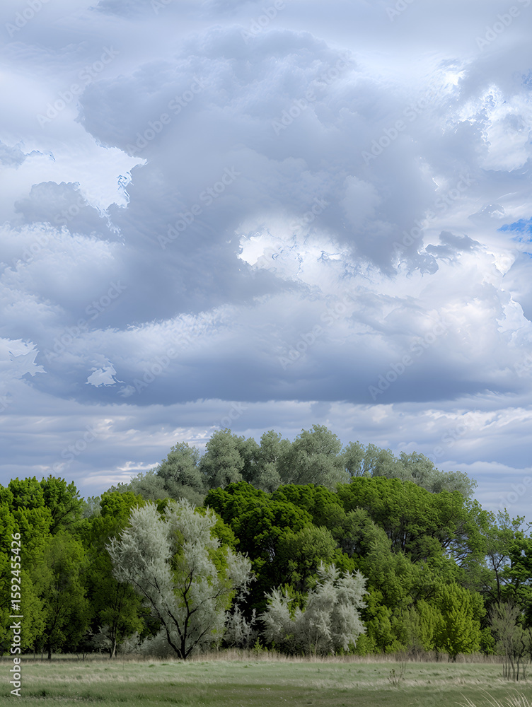 Fototapeta premium Swirling clouds over a green forest, creating a dramatic skyscape. Ideal for illustrations of nature, weather, ecology