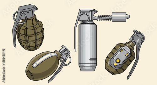 A collection of illustrated grenades, showcasing various designs and mechanisms, representing military weaponry and explosive devices, set against a neutral background.