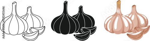 Garlic bulbs and cloves are presented in three distinct styles line art, silhouette, and full color offering versatile options for culinary or design projects.