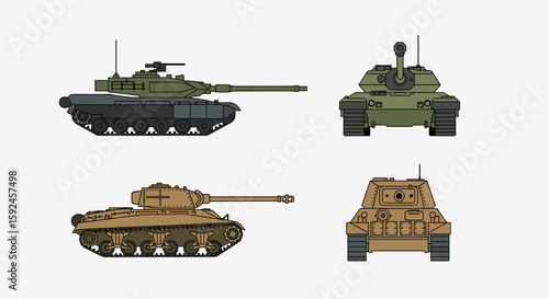 Detailed illustrations of military tanks from various angles, showcasing their design and features, ideal for military publications, educational materials, or video game assets.