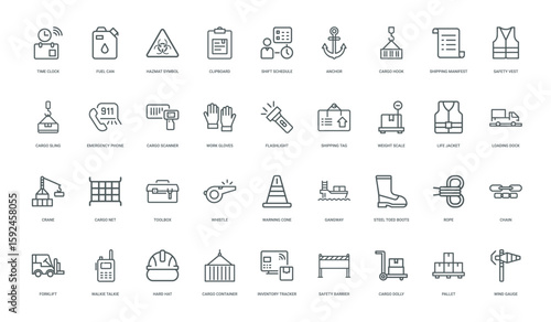 tools equipment symbols associated dock workers cargo delivery workplace safety collection line icons, hat pallet hard chain rope
