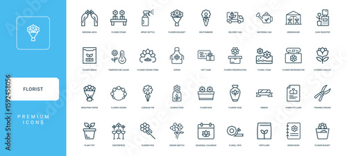 florists business floral arrangements collection linear icons, gift card preservation apron flower foam floral