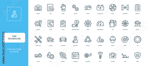 tire technician services garage equipment car maintenance procedures collection line icons, Lift Car Tool Repair Side Front