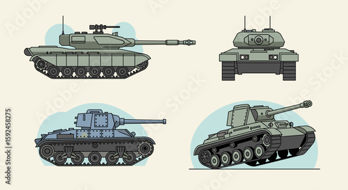 A vector illustration showcases a collection of military tanks in various angles and styles, rendered with clean lines and a muted color palette against a neutral backdrop.