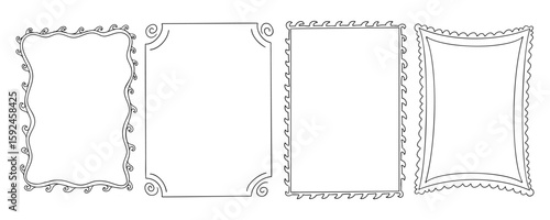 Set of four decorative rectangular frames with swirly and scalloped borders, hand drawn in black outline. Concept of ornate borders for scrapbooking, invitations, or creative design projects