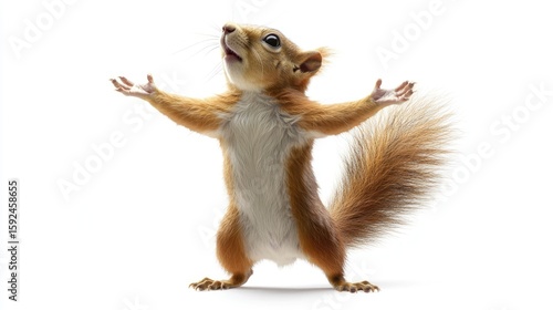 Playful squirrel with outstretched paws against a white background.