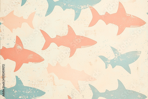 A nostalgic retro texture with minute shark shapes, displayed in pastel tones on a subdued vintage backdrop