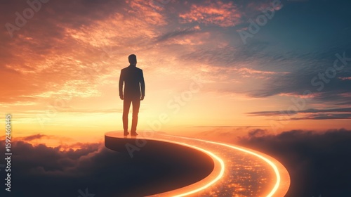 Silhouette of a businessman standing on a curved path above clouds at sunset, looking towards the horizon.