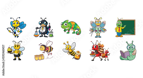 Cute cartoon insects and chameleon with various props