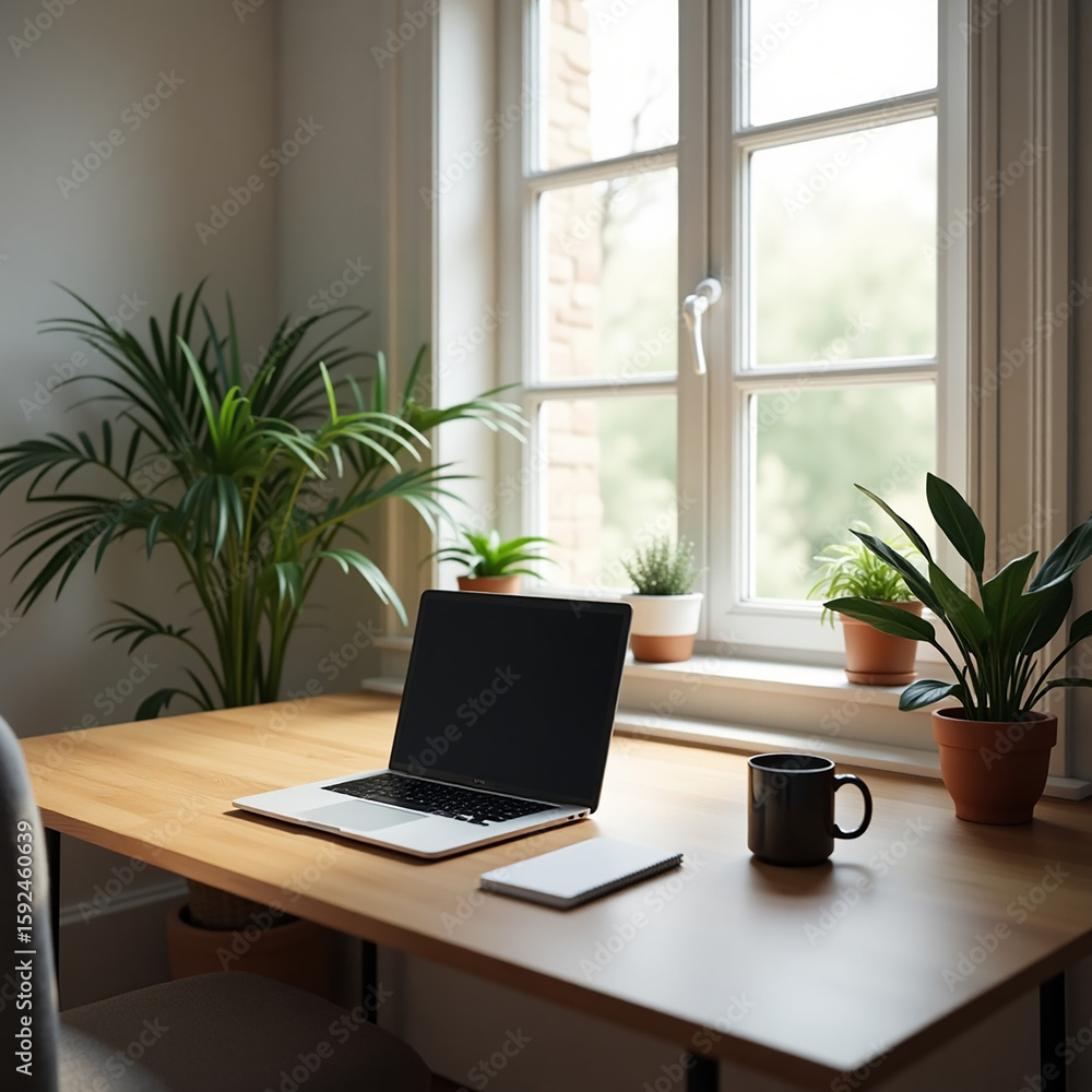 Fototapeta premium Peaceful Morning Remote Work with Laptop and Coffee by Sunlit Window