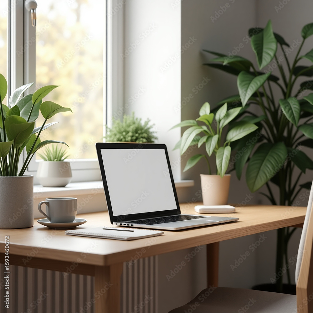 Fototapeta premium Clean Minimalist Home Office Desk with Laptop and Natural Light