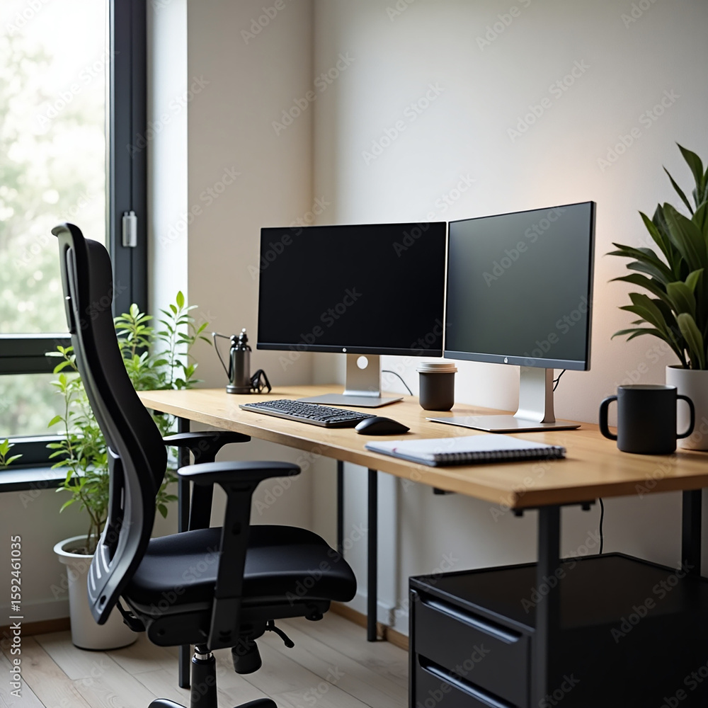 Minimalist Dual Monitor Home Office Desk with Natural Window Light Minimalist Dual Monitor Home Office Desk with Natural Window Light