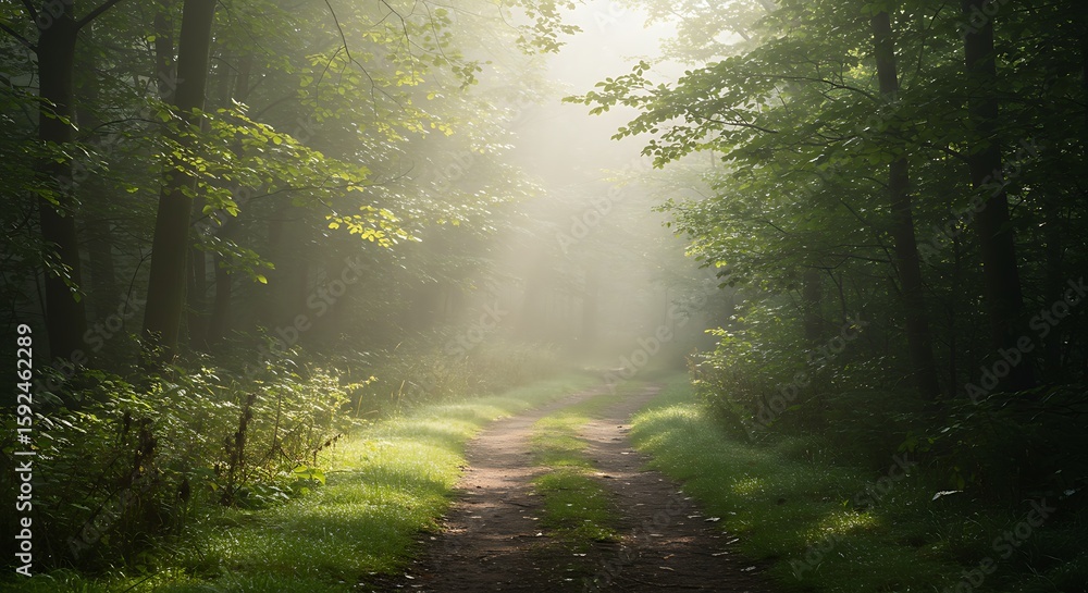 Obraz premium A dirt path winds through a lush green forest, illuminated by sunlight filtering through the trees creating a misty, ethereal atmosphere.