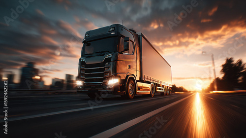 Fototapeta Naklejka Na Ścianę i Meble -  Dark truck driving on highway during sunset transportation