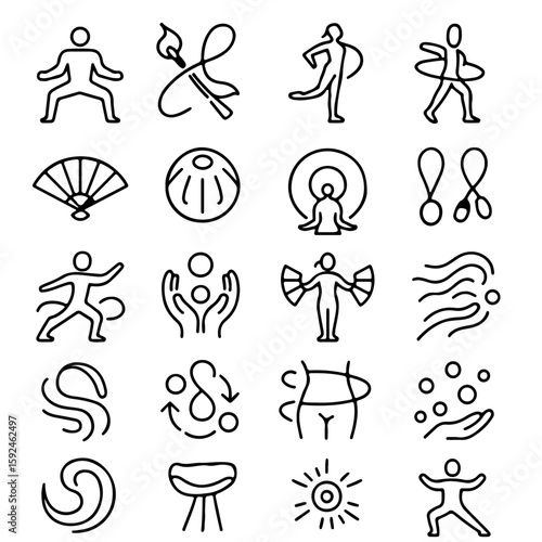 A collection of minimalistic line art icons portraying diverse wellness and fitness activities, with each icon representing a specific practice or element.