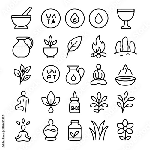 A detailed illustration with icon set representing the core elements of Ayurveda. Focus on the holistic philosophy.