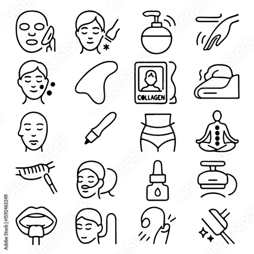A comprehensive set of wellness and beauty icons, neatly arranged to visualize a skincare routine and holistic approach to wellness, offering an inspirational look into self-care.