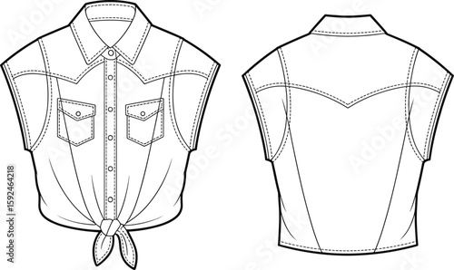 Stylish sleeveless tie-front shirt design, summer fashion essential, front and back view, casual wear, trendy apparel, detailed garment sketch, Adobe Stock clothing illustration