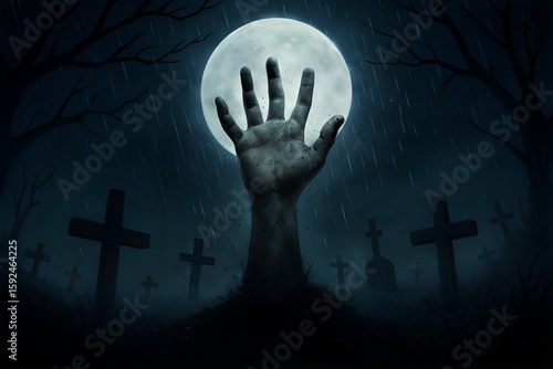 Spooky zombie hand emerging from grave under a full moon during a rainstorm