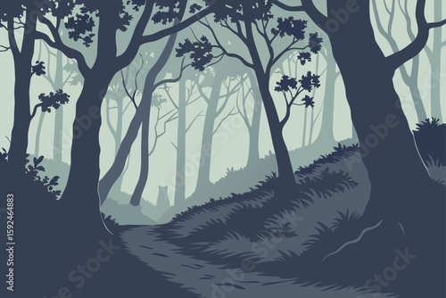 Dark Forest with Red Eyes Peering Through Trees vector illustration