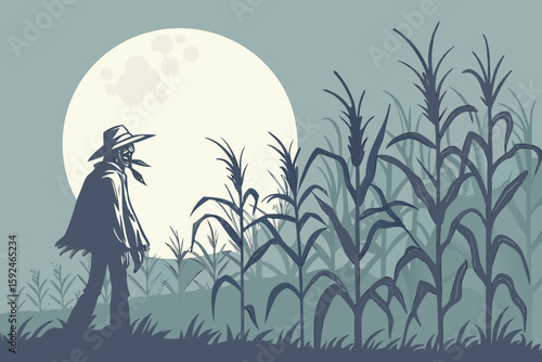 Scarecrow in Creepy Cornfield Under Full Moon vector illustration