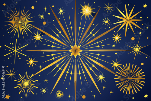 Golden Sparkles and Starburst Pattern Over Deep Blue vector illustration