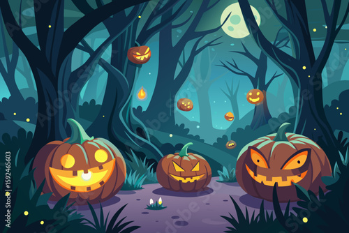 Grinning Pumpkins in a Magical Dark Forest vector illustration