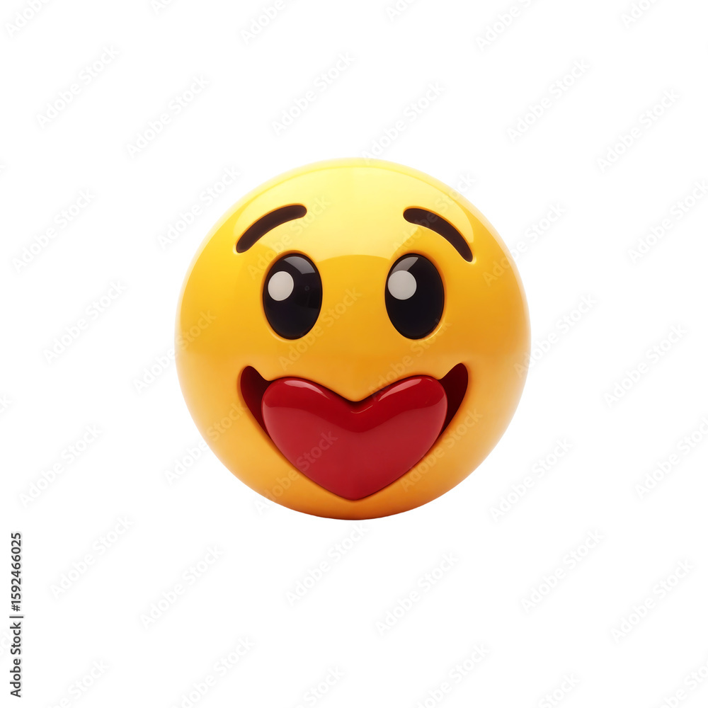 Fototapeta premium Smiling emoji with heart eyes made of smooth plastic, bright yellow color, round shape, glossy finish
