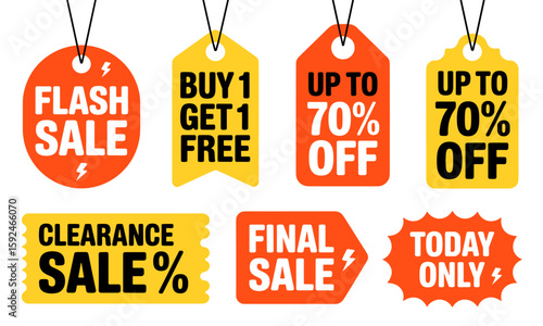 Collection of colorful sale tags and labels, including flash sale, buy one get one free, and percentage discounts for retail promotions.