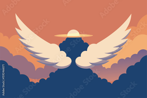 Stylized angel wings hovering above a dreamlike cloudscape at sunset